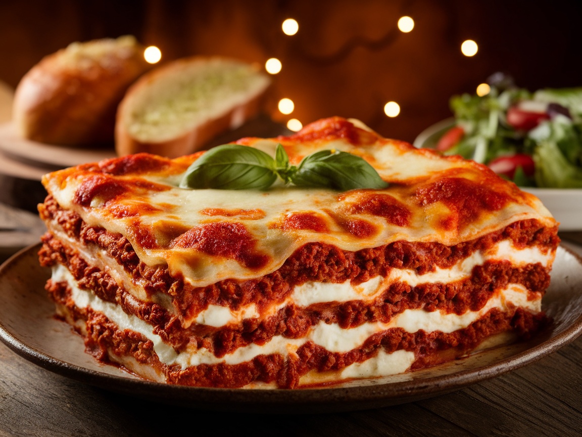 World A hearty lasagna with layers of meat sauce, ricotta, and mozzarella, garnished with basil, served with garlic bread.